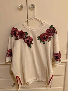 We The Free White Short Sleeve Tee with Red Rose Embroidery